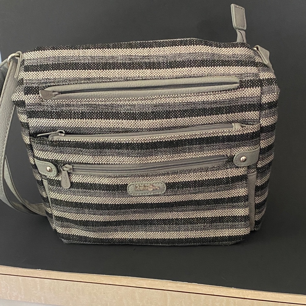 Stylish Multisac Crossbody Bag - Black and Gray Stripes